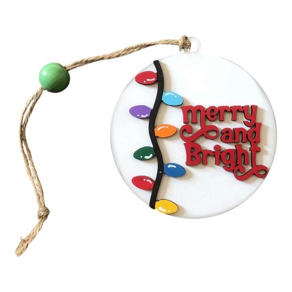 Whimsical  Red “Merry and Bright” Branch With Lights Ornament Hand Painted Wood - Picture 1 of 9